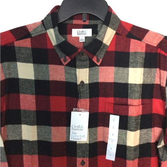 Men's Croft & Barrow Large Flannel Shirt Plaid Buffalo Red White Long Sleeve NWT - Picture 6 of 9